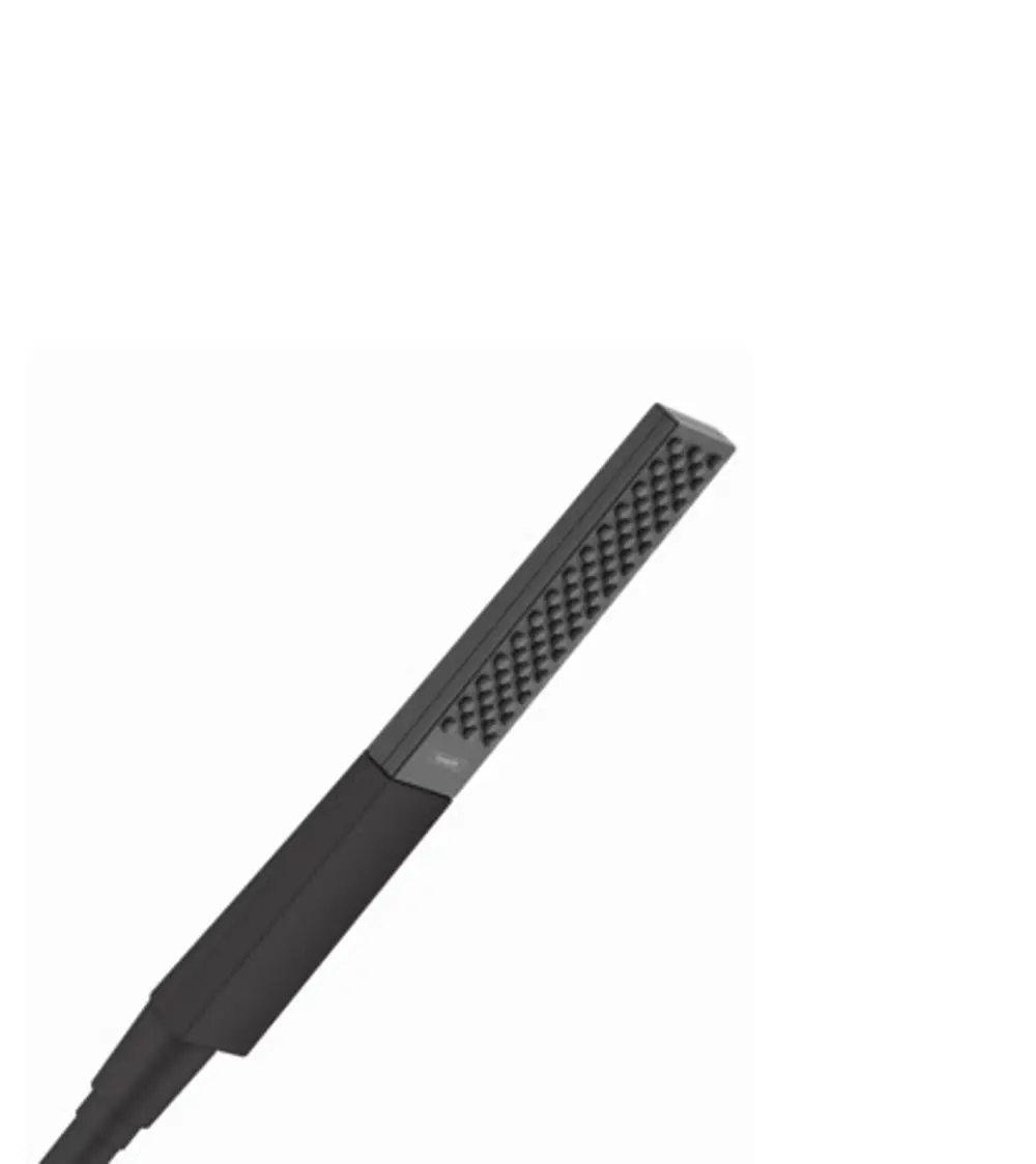 Schwarze Stabhandbrause mit einem langrechteckigen Design und strukturiertem Griff von Hansgrohe, geeignet für die Badezimmeranwendung.
